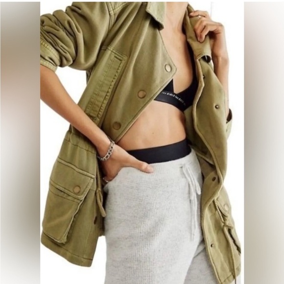 Free People Sage Green Mixed Media Saturday Cozy Utility Jacket - Picture 1 of 11